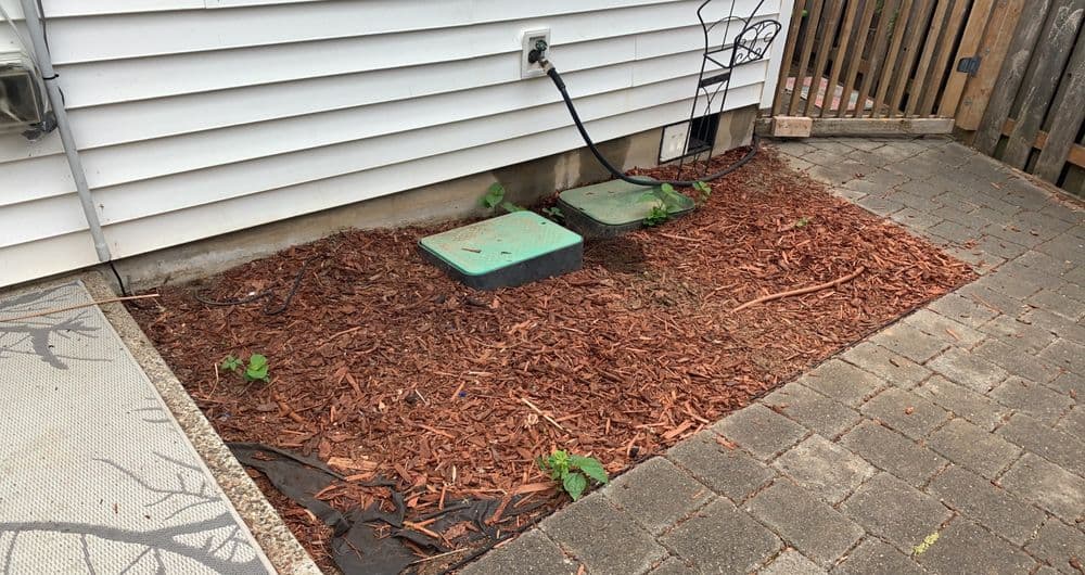 Mulched garden area next to a house with utility access points and small plants growing.