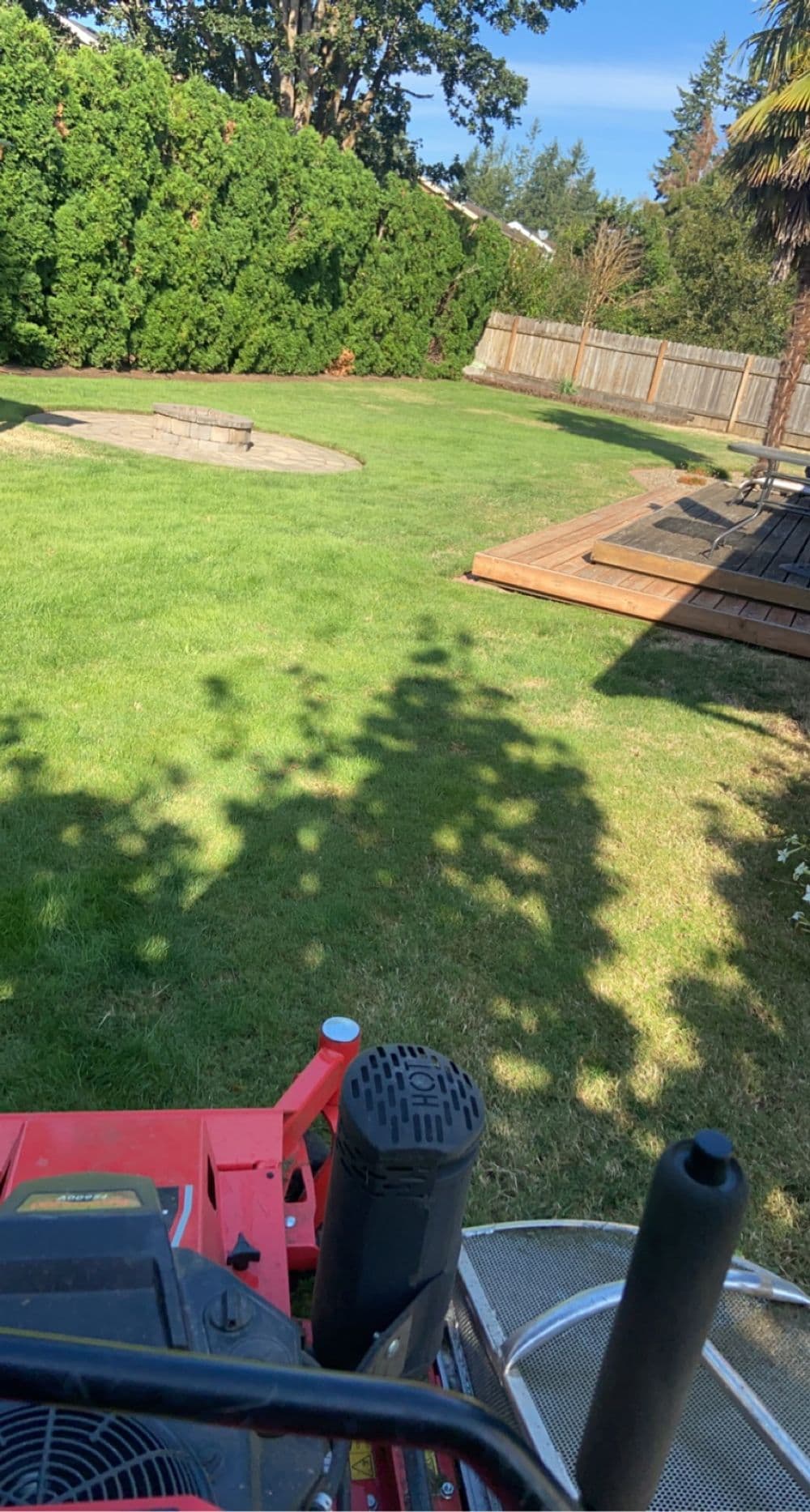 Lawn mower view over freshly mowed green grass and patio in residential backyard.