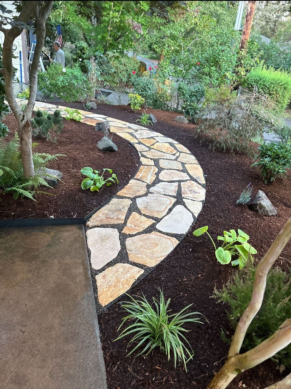 Curved stone pathway in a lush garden with rocks and greenery, surrounded by mulch.