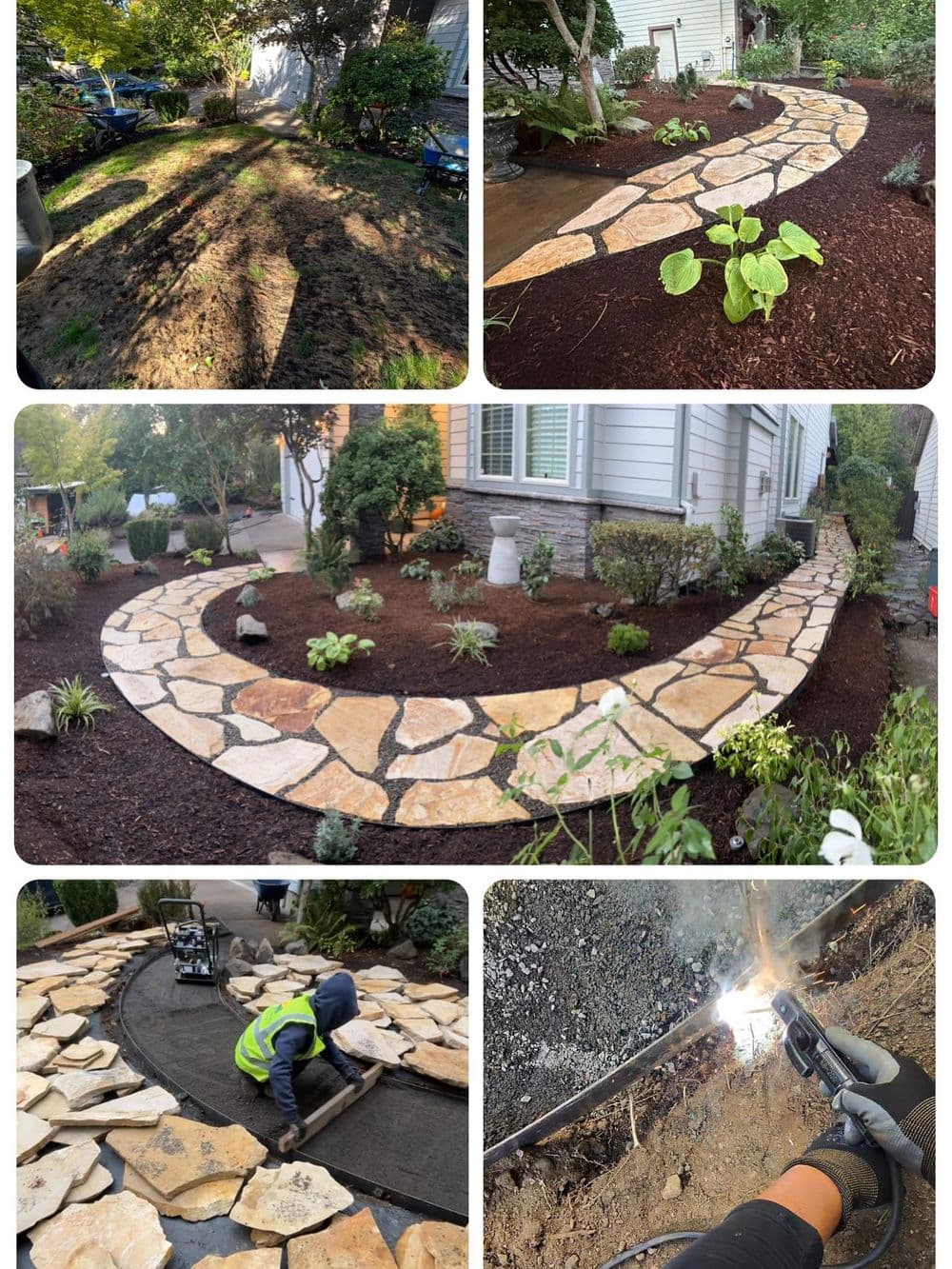 Beautiful stone pathway under construction in a landscaped garden with plants and trees.