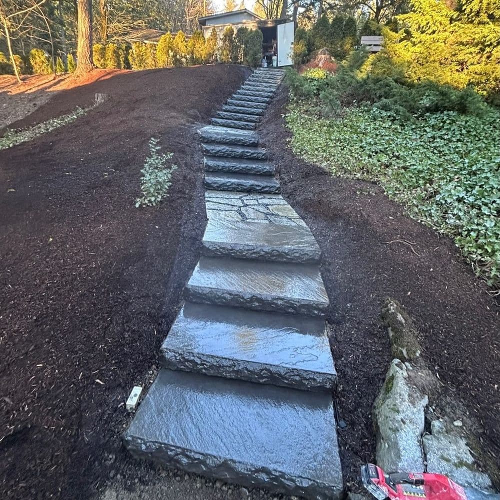 Stone stepping stones leading up a landscaped pathway with mulch and greenery.