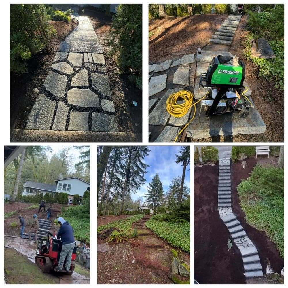 Stone pathway installation process in residential landscape with equipment and scenery details.